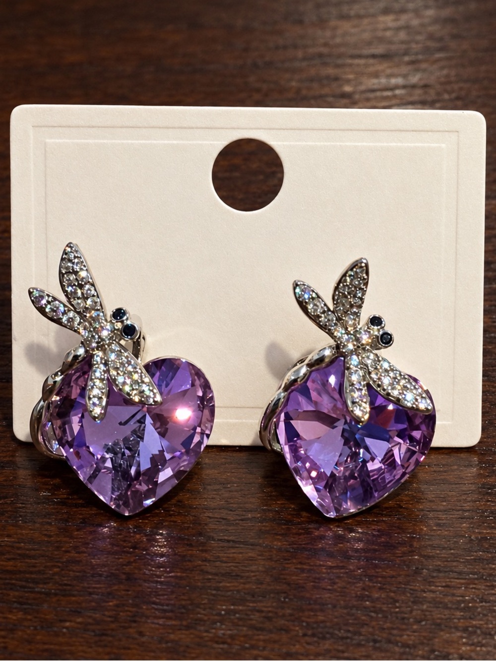 18K Gold Over Copper CZ Dragonfly Heart Earrings – Purple Crystal